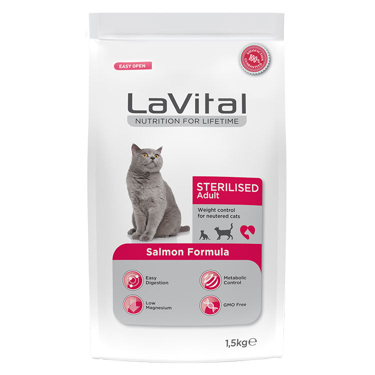 LaVital Sterilised Adult Cat food with salmon, available at Petsofy Kuwait