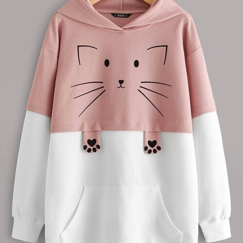Cat Print Pocket Front Two Tone Hoodie