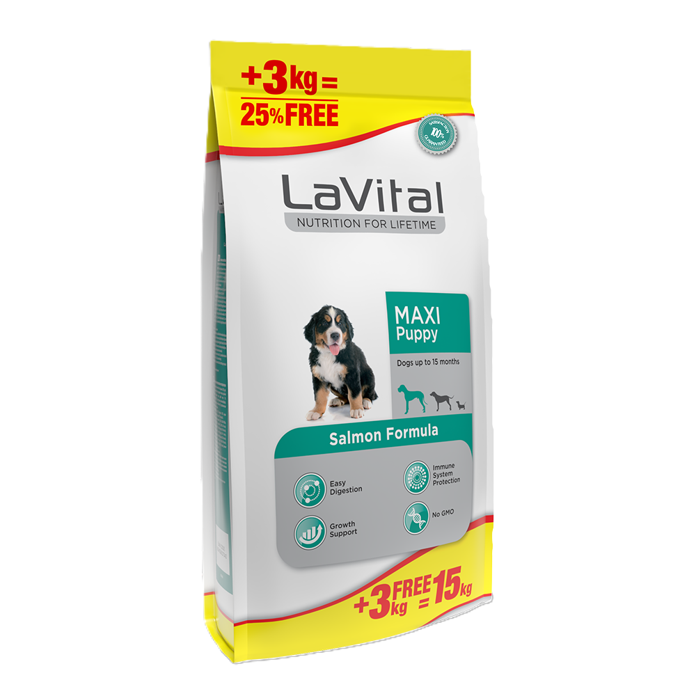LaVital Puppy Dry Dog Food (Maxi Puppy) Salmon 13+2 KG Free