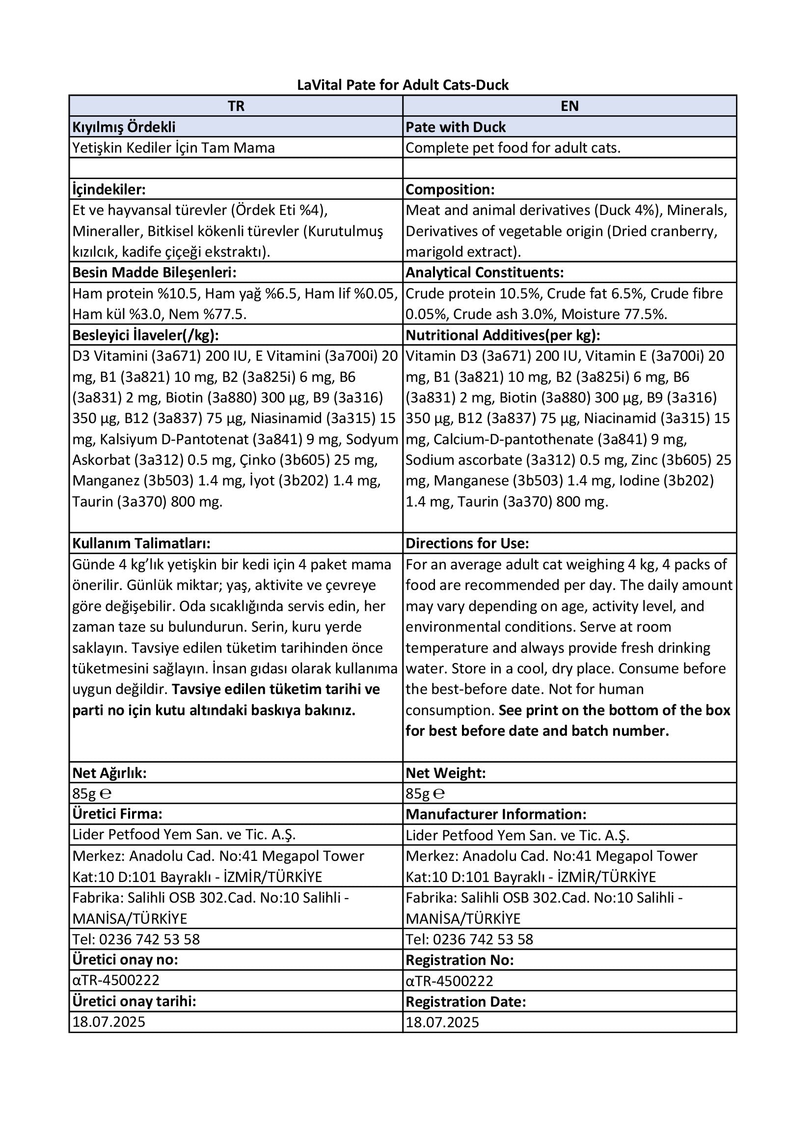 LaVital Duck, Cranberry & Marigold Adult Cat Wet Food 85GR