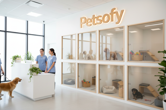 A modern, bright pet care facility interior with a clean Scandinavian design. A white minimalist reception area with a wooden logo sign on the wall reading “Petsofy” in warm backlit letters. Behind the reception desk, a wall of glass-front pet suites arranged in a neat grid, each suite containing a small dog, soft pet beds, plush mats, small platforms, toys, and wicker baskets. Small dogs of different breeds and colors calmly sitting, standing, or walking inside the suites. Two professional staff members we
