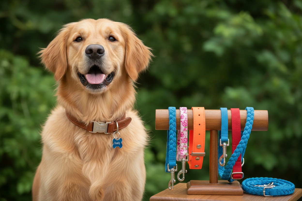 I want a picture of a dog with a green background, along with a set of collars and a leash.