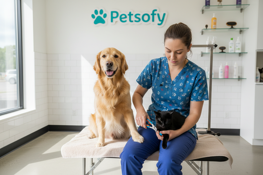 picture of warker trimming a dog and a cat nails and write pet sofy 