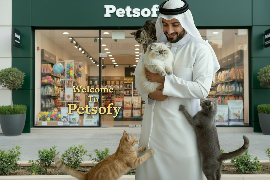 A Petsofy team member holding cats in front of the shop