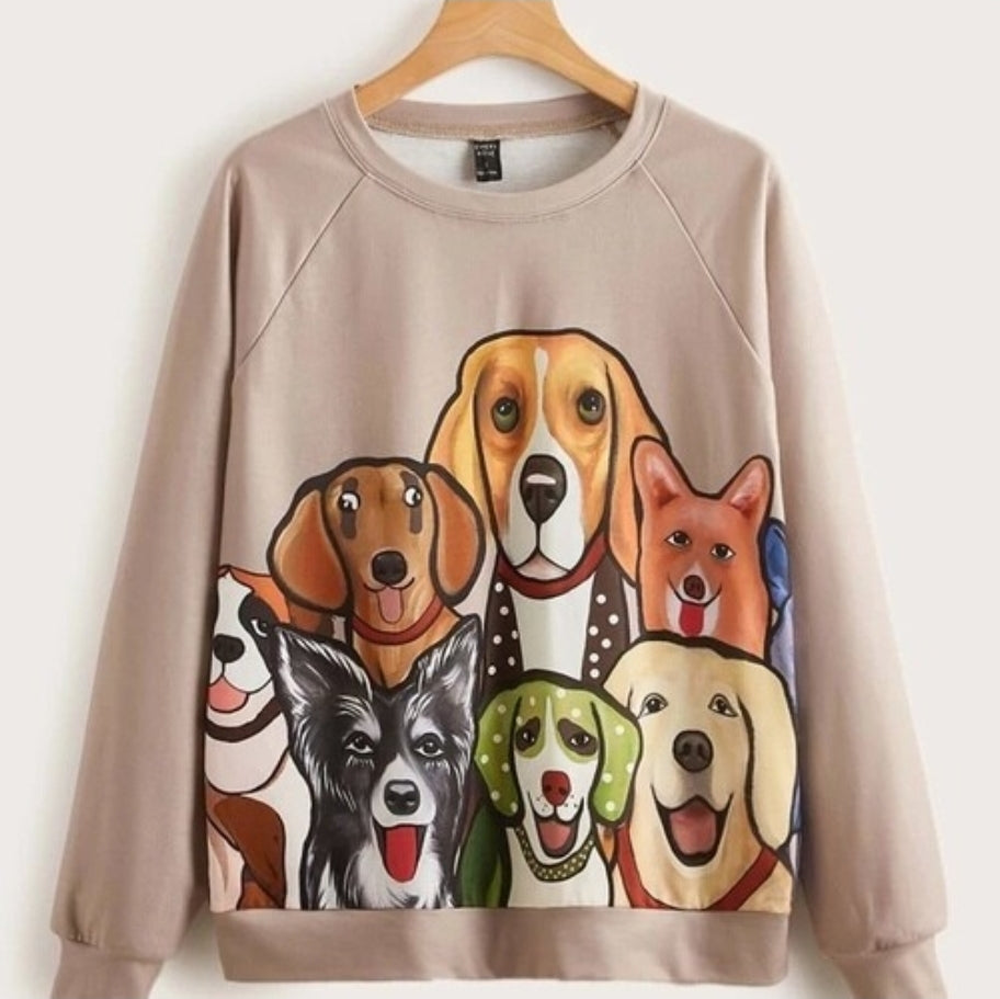 EMERY ROSE Cartoon Dog Print Raglan Sleeve Pullover
