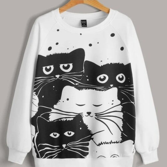 EMERY ROSE Cartoon Cat Print Raglan Sleeve Pullover